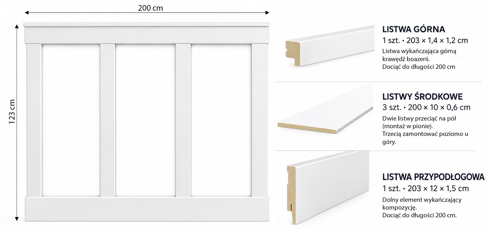 Boazeria ścienna FRAME do malowania - długość 200 cm, wysokość 123 cm + Farba Ciemna Oliwka zestaw_frame