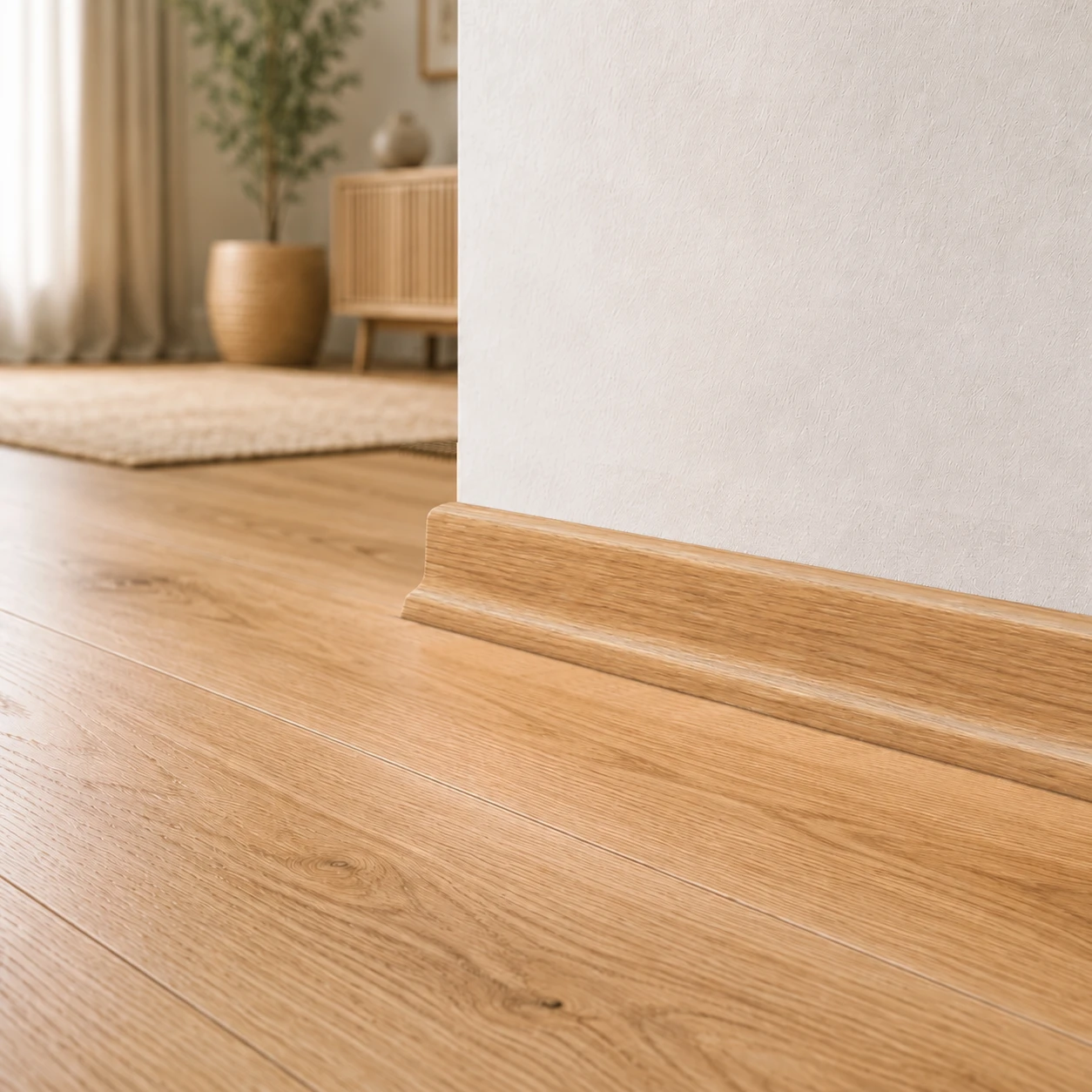 Zbliżenie dębowej listwy przypodłogowej 60x21 mm na drewnianej podłodze
