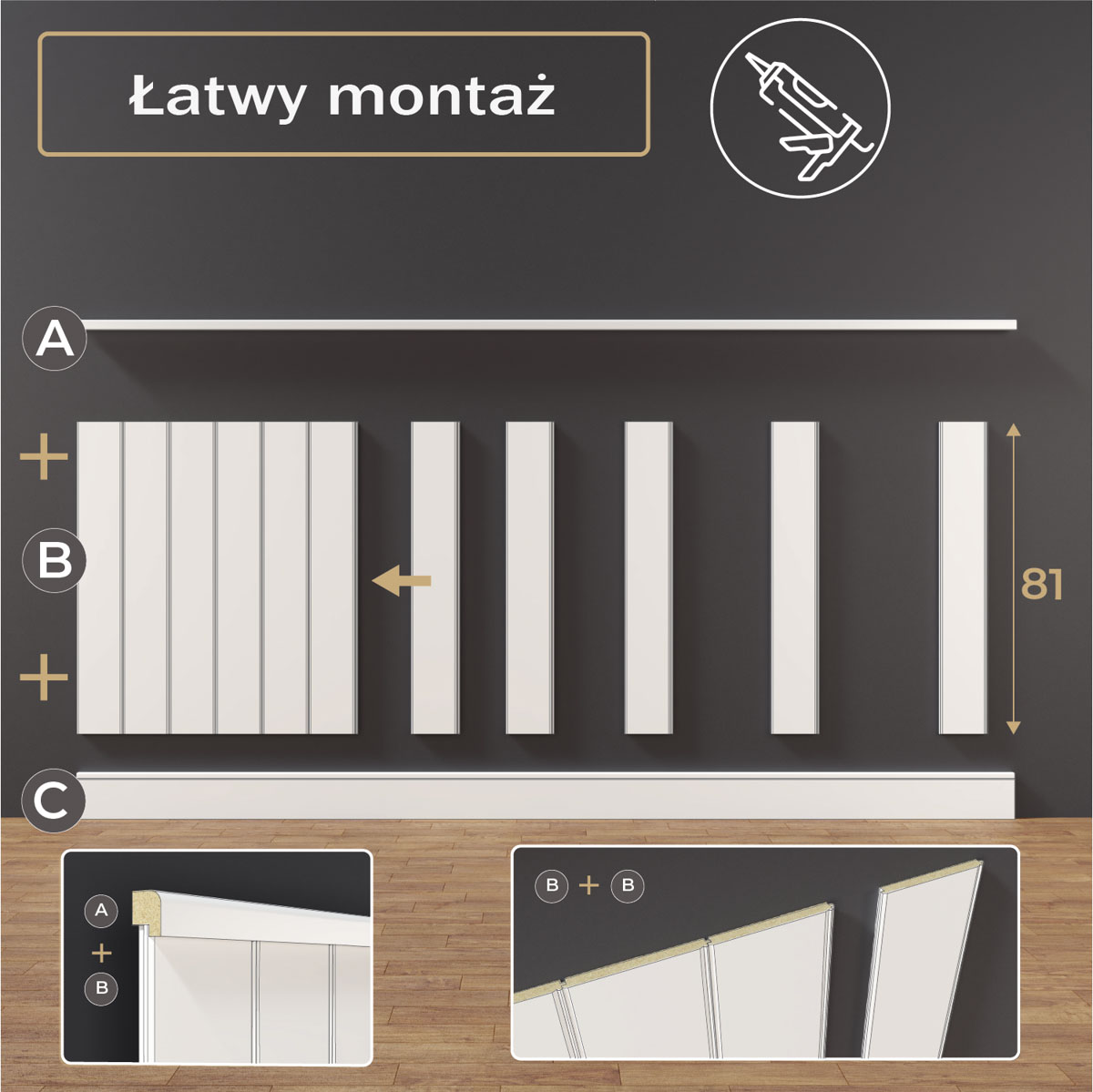 Proces montażu na klej elementów boazerii angielskiej Nova Slim.
