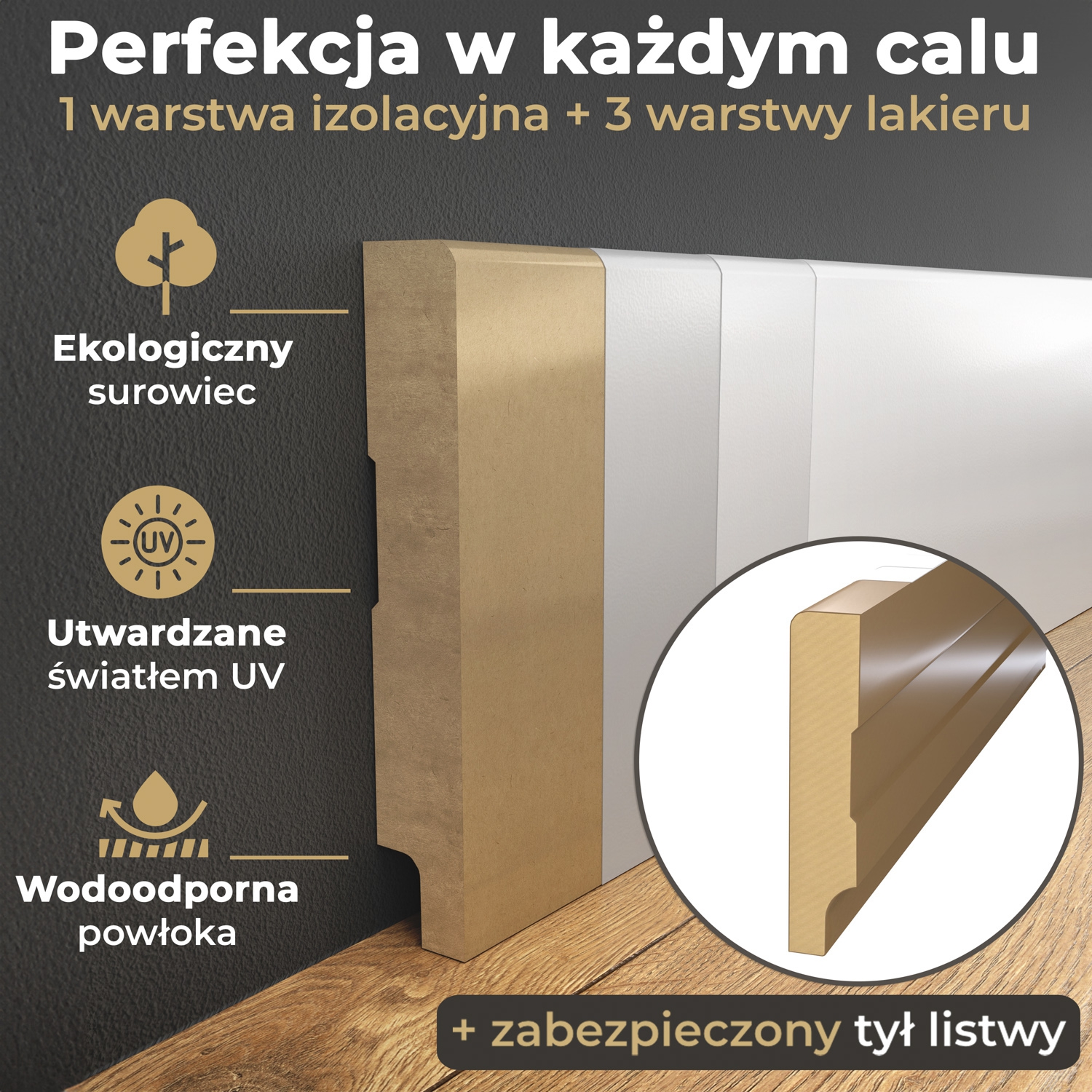 PRÓBKA 20 CM - Listwa przypodłogowa MDF lakierowana biała z wodoodporną powłoką TRIO SLIM 10cm