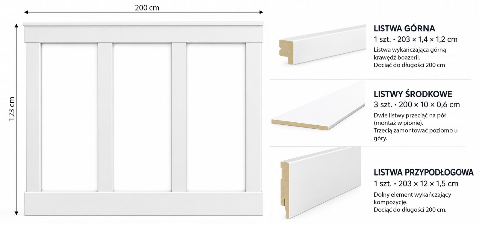 Boazeria ścienna FRAME do malowania - długość 200 cm, wysokość 123 cm
