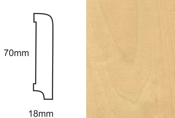 Listwa przypodłogowa CP70 R10 brzoza – profil techniczny z wymiarami 70mm i 18mm oraz próbka forniru brzozowego.