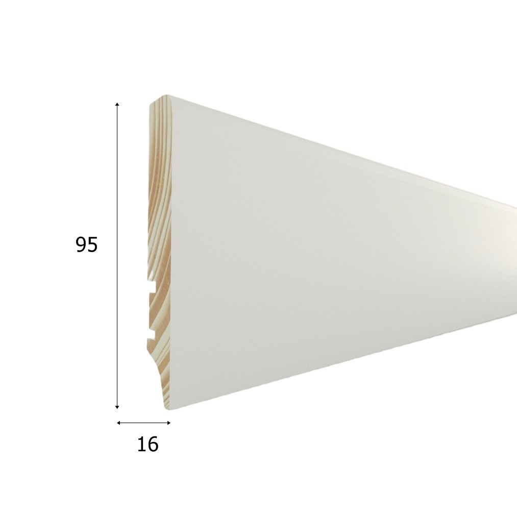 Listwa przypodłogowa drewniana lakierowana PW95 (220 cm x 9,5 cm x 1,6 cm) iglaste białe RAL 9010 półmat