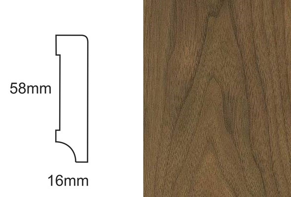 Listwa przypodłogowa CP58 orzech – schemat profilu z wymiarami 58x16 mm i zbliżenie na fornir orzechowy.