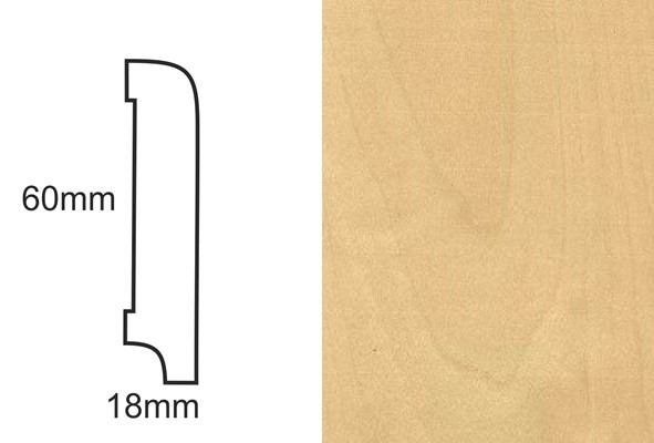 Listwa przypodłogowa CP60 brzoza – schemat profilu z wymiarami 60mm i 18mm oraz tekstura drewna brzozowego.