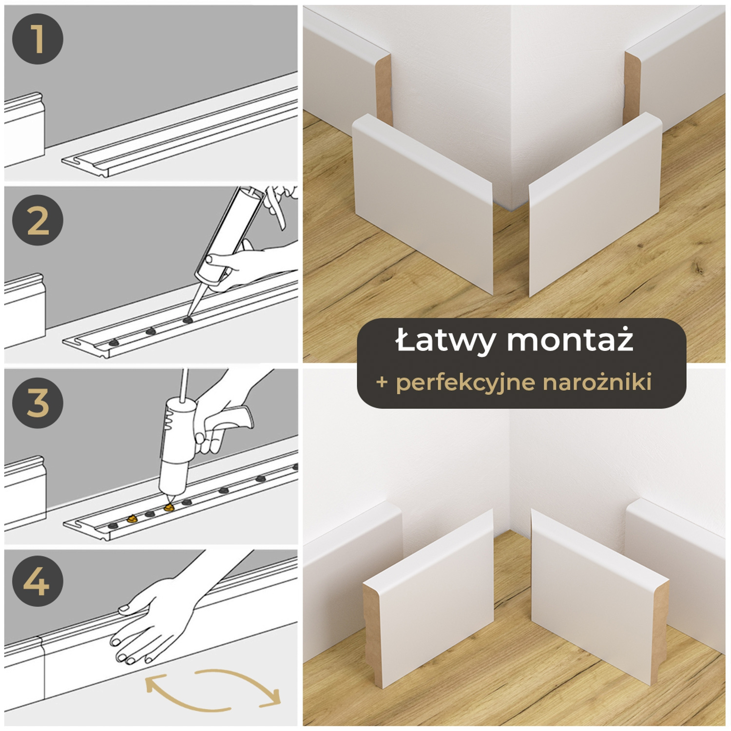 PRÓBKA 20 CM - Listwa przypodłogowa MDF lakierowana biała z wodoodporną powłoką TRIO 10cm