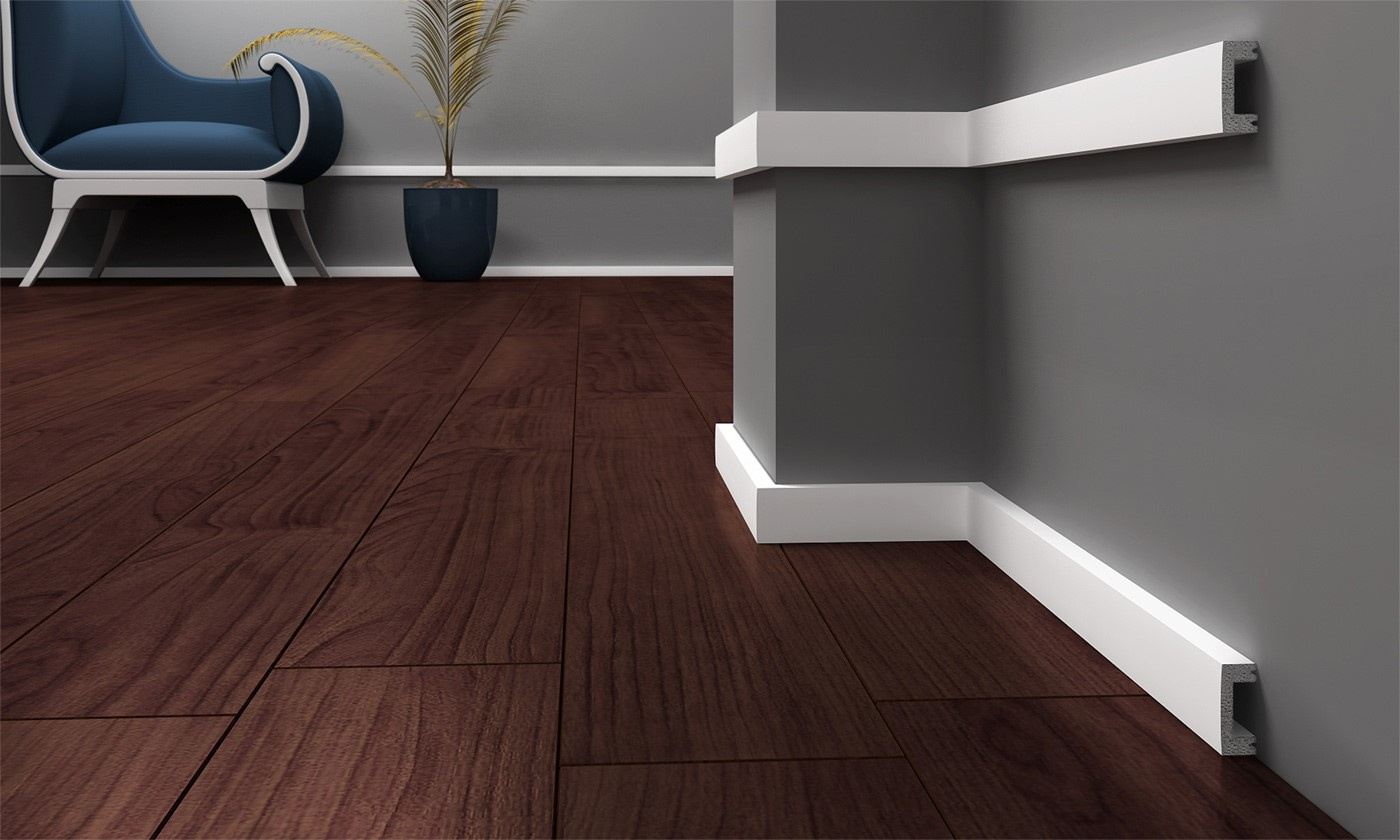 Listwa naścienna i przypodłogowa Krome PN4016 z wysokiej gęstości polistyrenu (240 cm x 4 cm x 1,6 cm) biała, odporna na wilgoć i grzyby