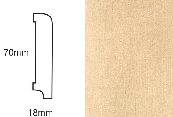 Listwa przypodłogowa CP70 R10 klon – profil techniczny 70x18mm i zbliżenie na jasny fornir klonowy.