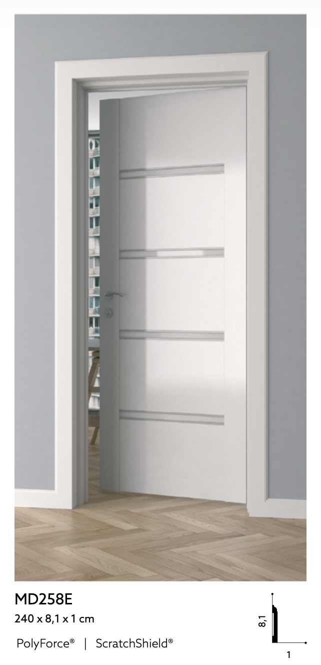 Obramowanie drzwi MD258E białe wym. 240 x 1 x 8.1 cm, z PolyForce