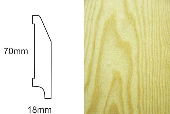 Listwa przypodłogowa CP70 RS sosna – profil techniczny 70x18mm i zbliżenie na fornir sosnowy.