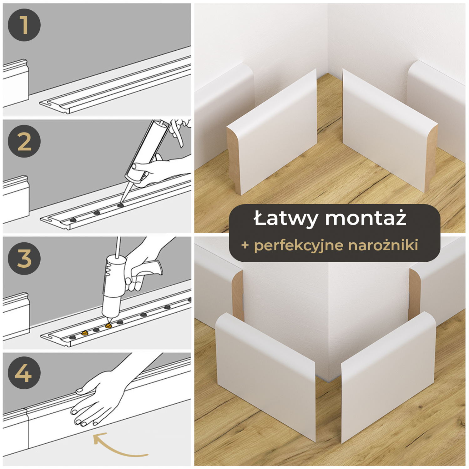 PRÓBKA 20 CM - Listwa przypodłogowa lakierowana biała, MDF wilgocioodporny, FOGE LB1 - 10cm