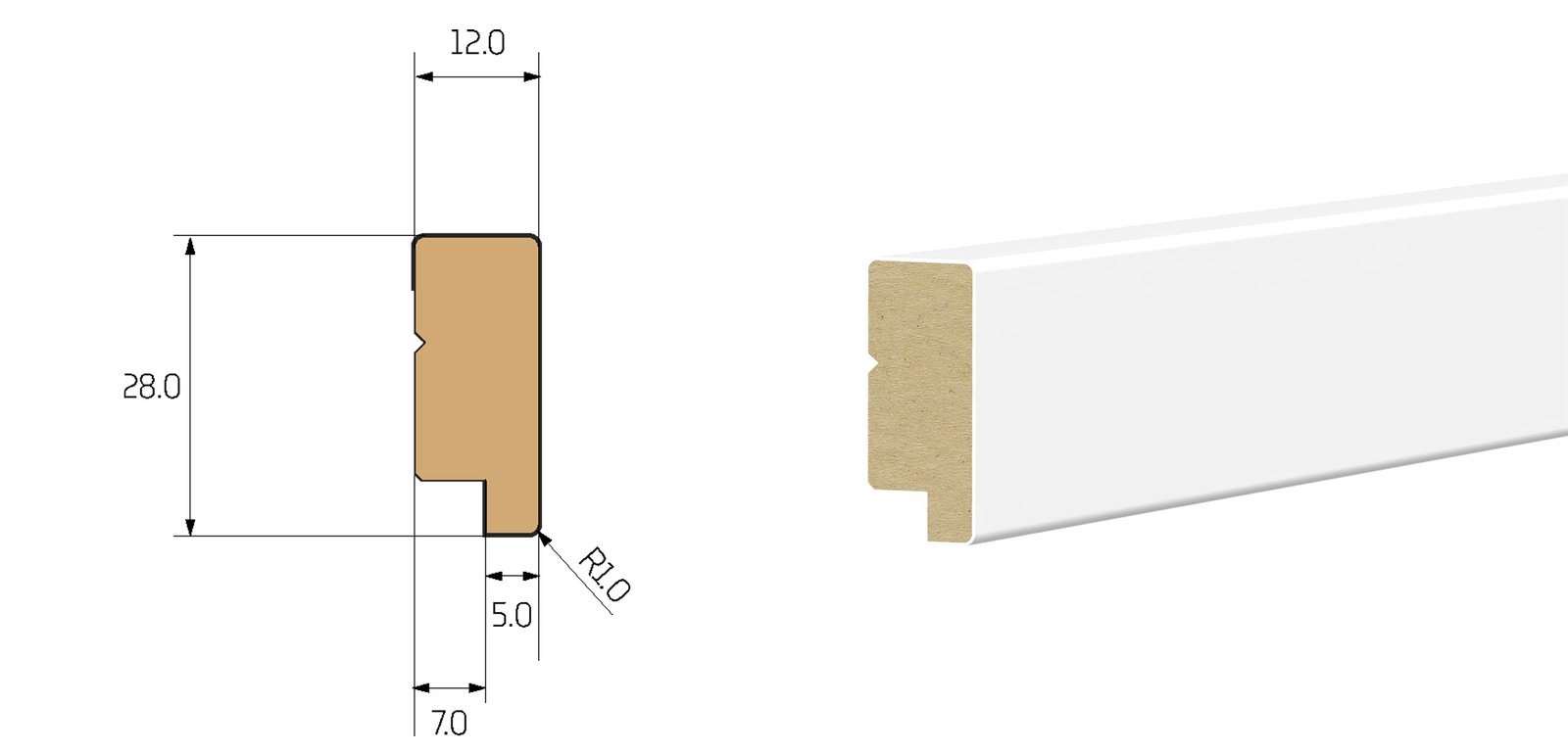 PRÓBKA 20 CM - Listwa wieńcząca do boazerii ściennej MDF - PLANO XL - Biala Premium