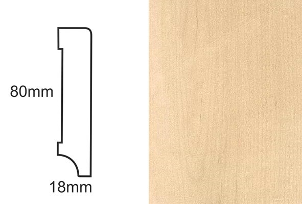 Listwa przypodłogowa CP80 R3 klon – profil techniczny z wymiarami 80x18mm i tekstura forniru klonowego.