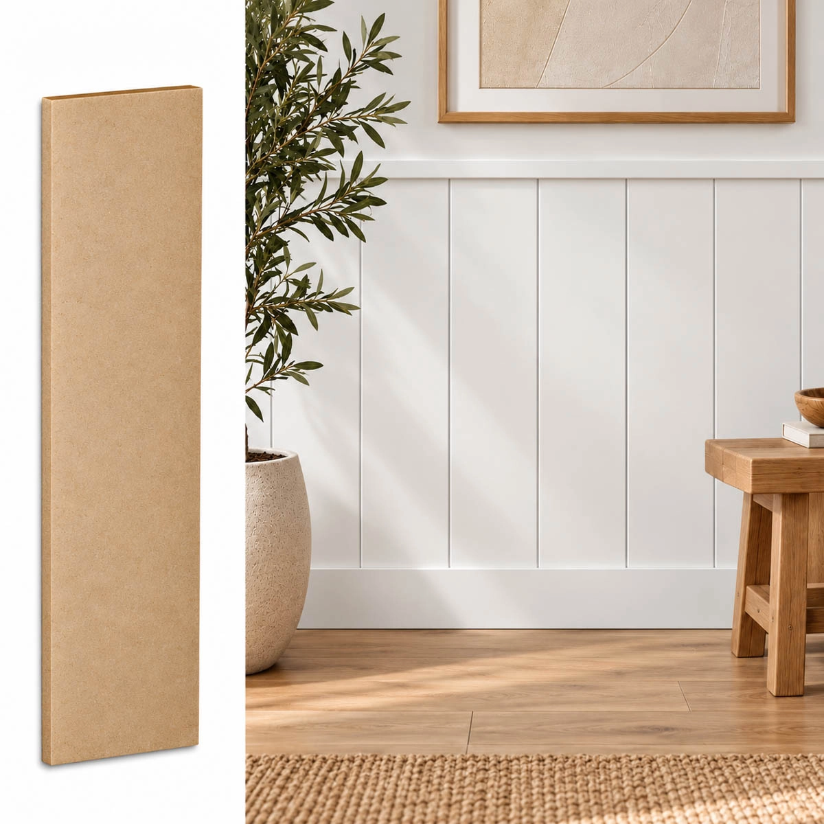 Próbka listwy boazeryjnej ELEGANT XL z surowego MDF, prezentująca profil i strukturę materiału.