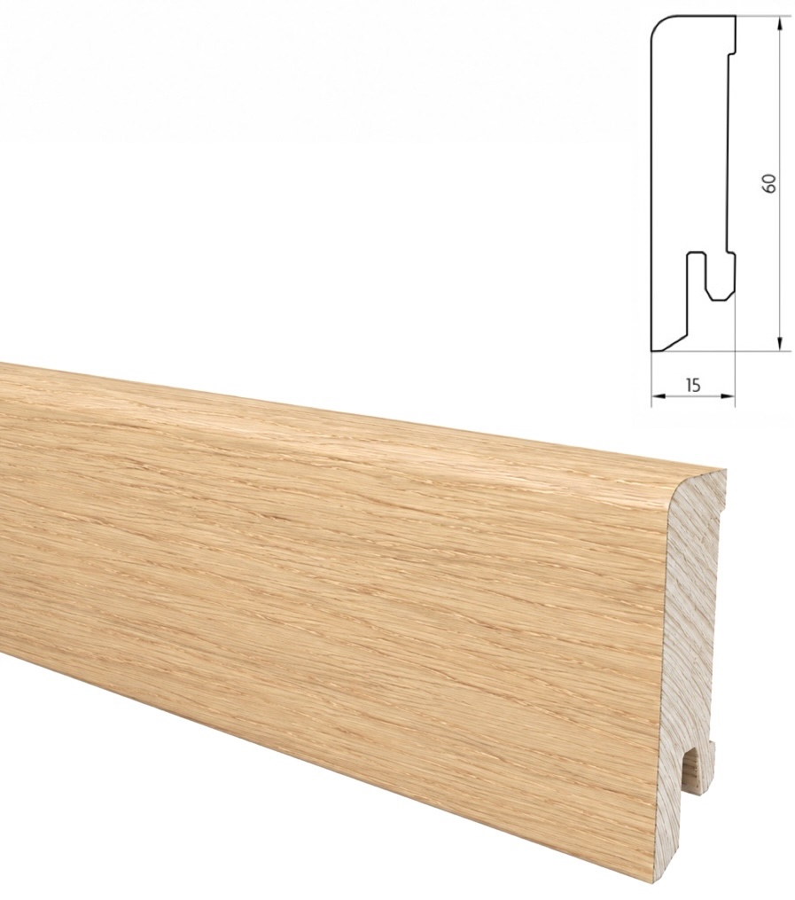 Listwa przypodłogowa drewniana do malowania, dąb europejski surowy, 60x15 mm