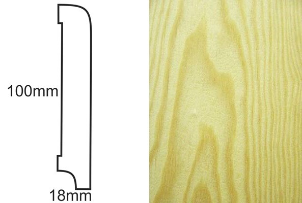 Listwa CP100 R10 sosna – profil techniczny 100x18mm i zbliżenie na usłojenie drewna sosnowego.