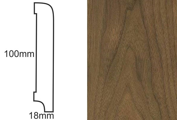 Listwa CP100 R10 orzech – profil techniczny z wymiarami 100x18mm i wzorem forniru orzechowego.