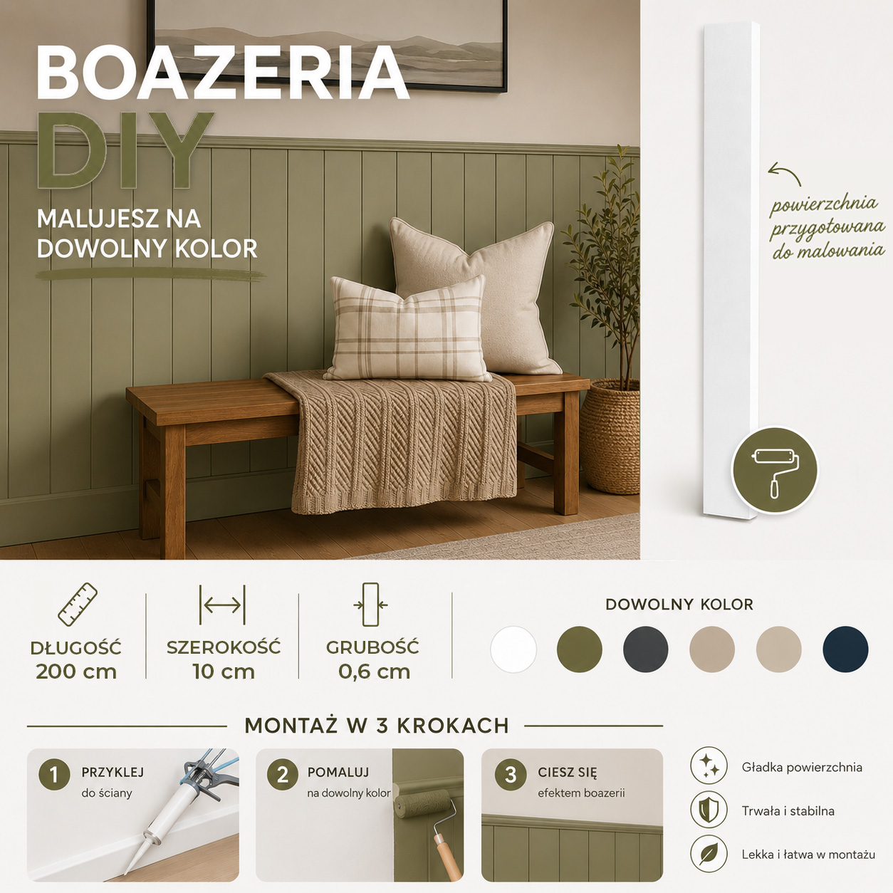 Listwa boazeryjna ELEGANT, boazeria ścienna MDF, do malowania
