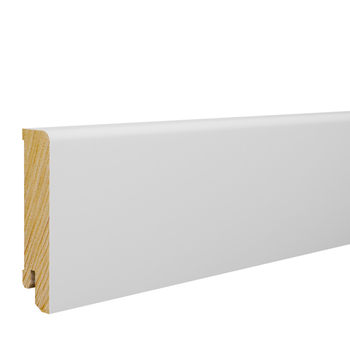 Drewniana listwa przypodłogowa świerkowa Premium – biała, powłoka Polyblend, 8 cm