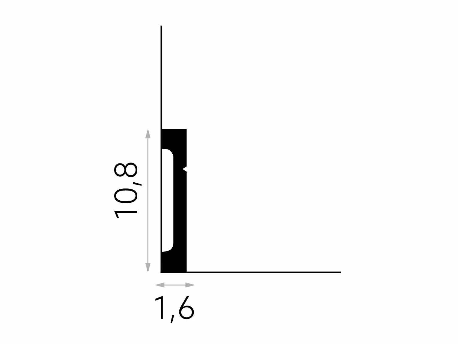 Listwa przypodłogowa MD356 PolyForce – schemat techniczny profilu z wymiarami 10,8 cm wysokości i 1,6 cm szerokości.