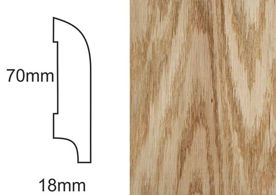 Listwa przypodłogowa CP70 R25 dąb czerwony – profil techniczny 70x18mm i zbliżenie na lakierowany fornir dębowy.