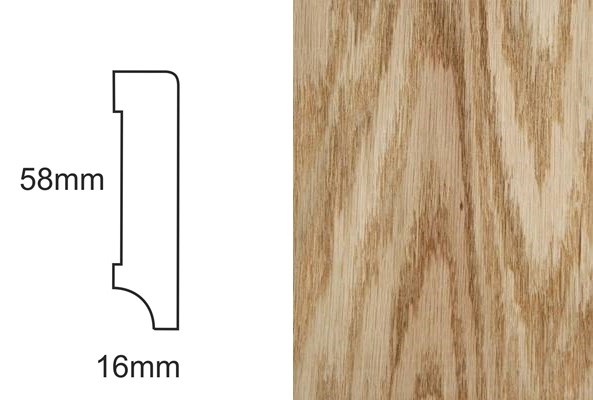 Listwa przypodłogowa CP58 dąb czerwony – profil techniczny z wymiarami 58mm i 16mm oraz tekstura forniru dębu czerwonego.