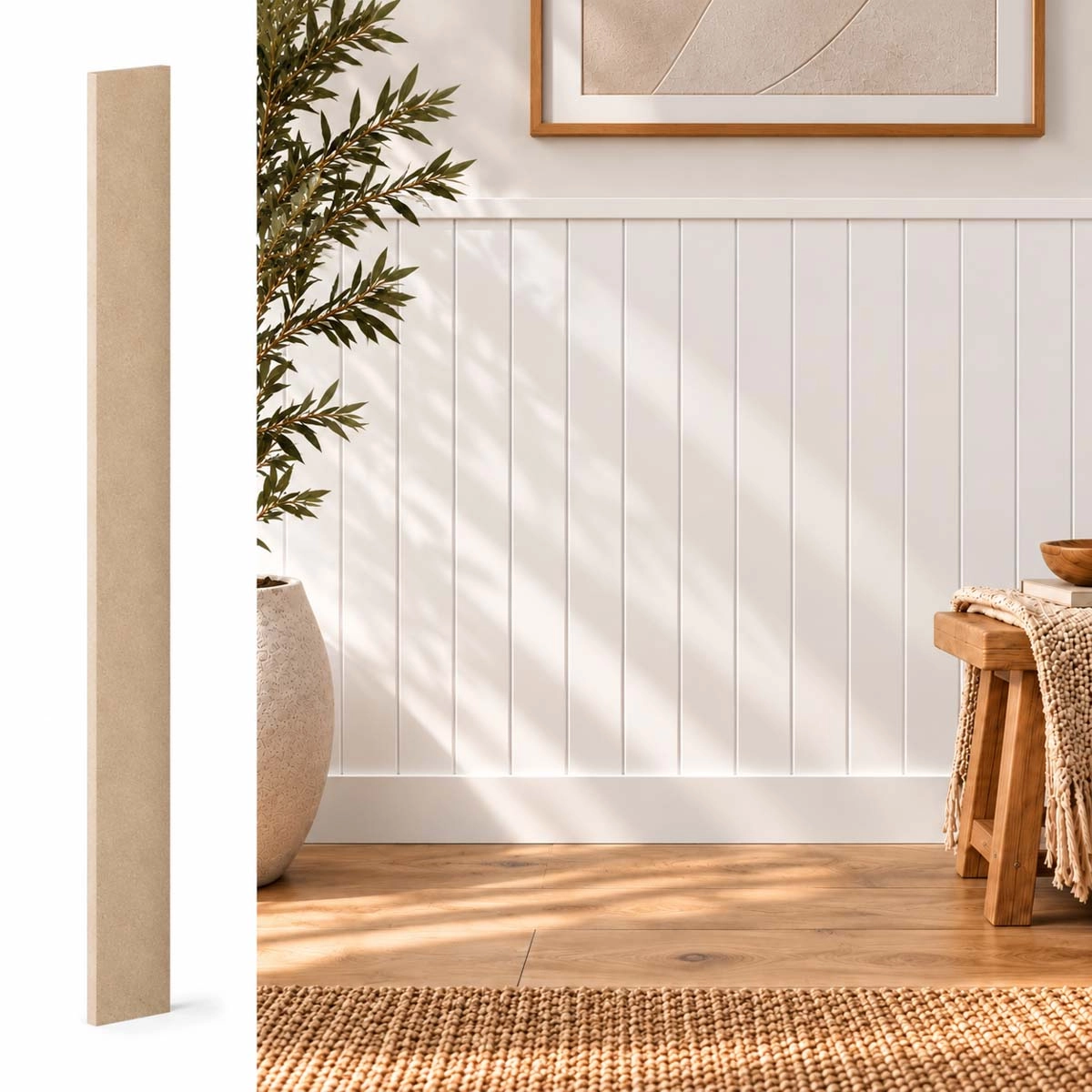 Próbka surowej listwy boazeryjnej ELEGANT z płyty MDF.