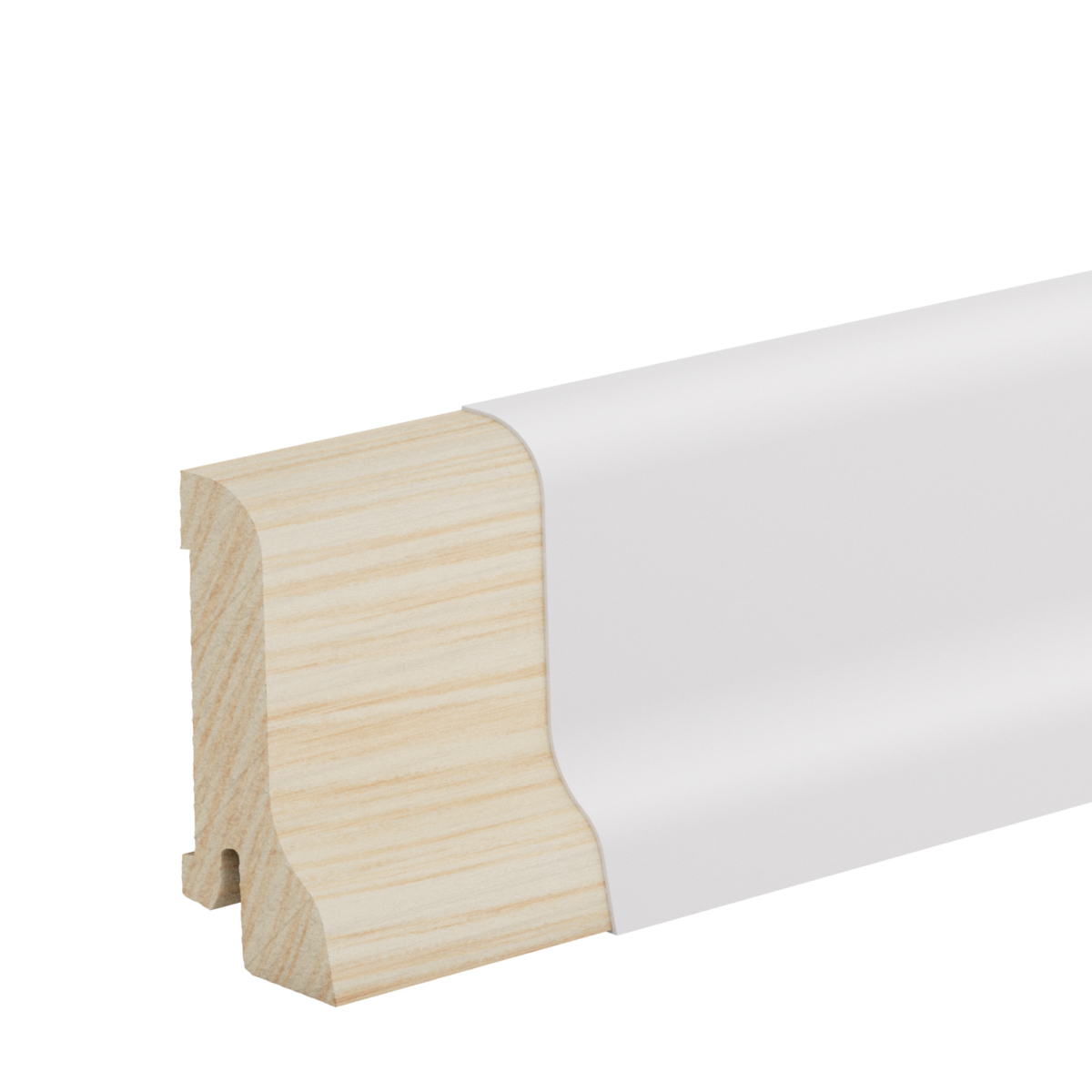Drewniana listwa przypodłogowa świerkowa Premium biała, powłoka Polyblend, Pedross 6019 - 6cm