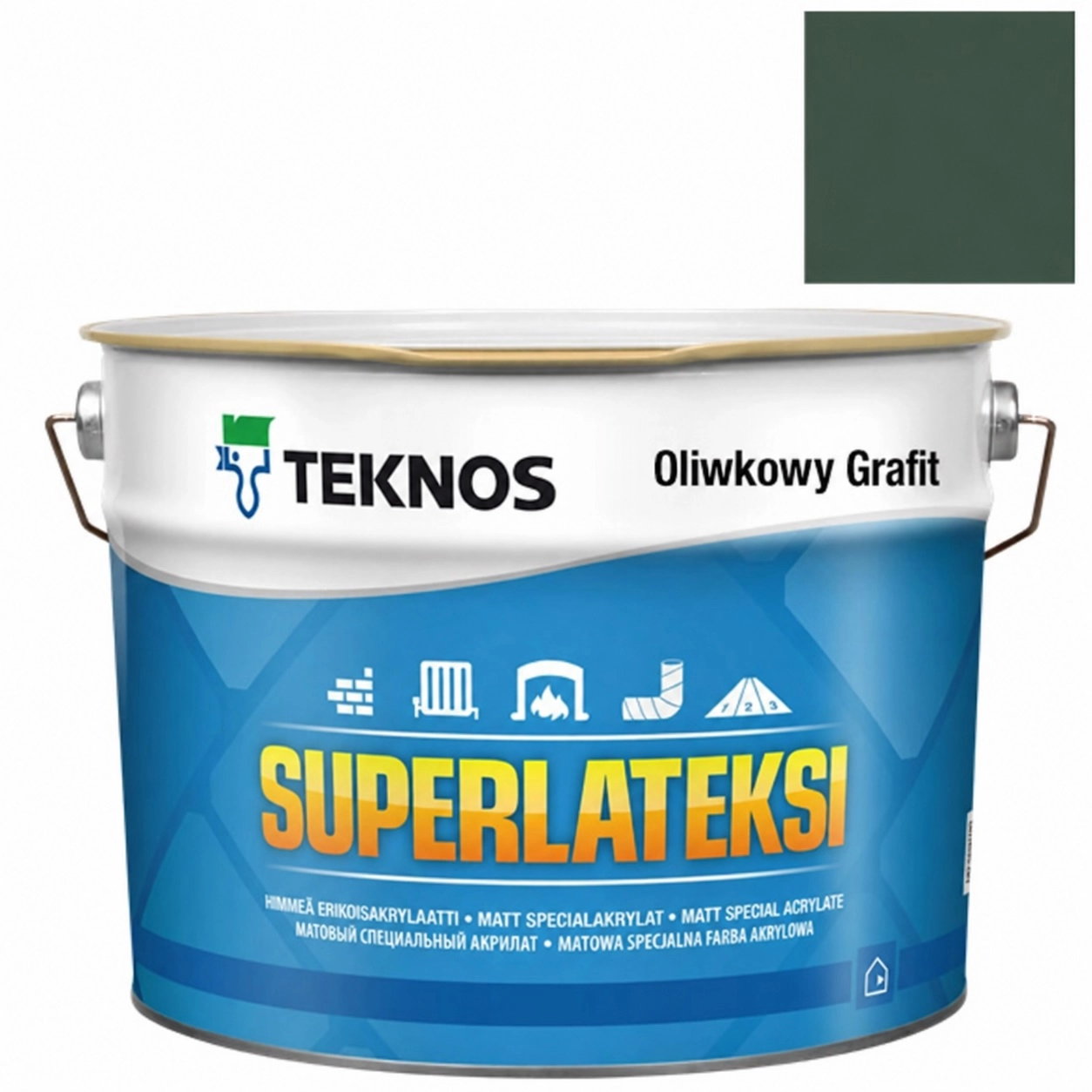 Teknos Superlateksi NCS S7010G10Y – puszka matowej farby akrylowej w kolorze grafit oliwkowy.