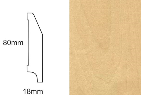 Listwa przypodłogowa CP80 RS brzoza – profil techniczny 80x18mm i próbka forniru.