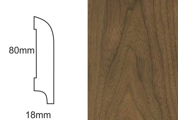 Listwa przypodłogowa CP80 R25 orzech – schemat profilu 80x18mm i tekstura drewna orzechowego.