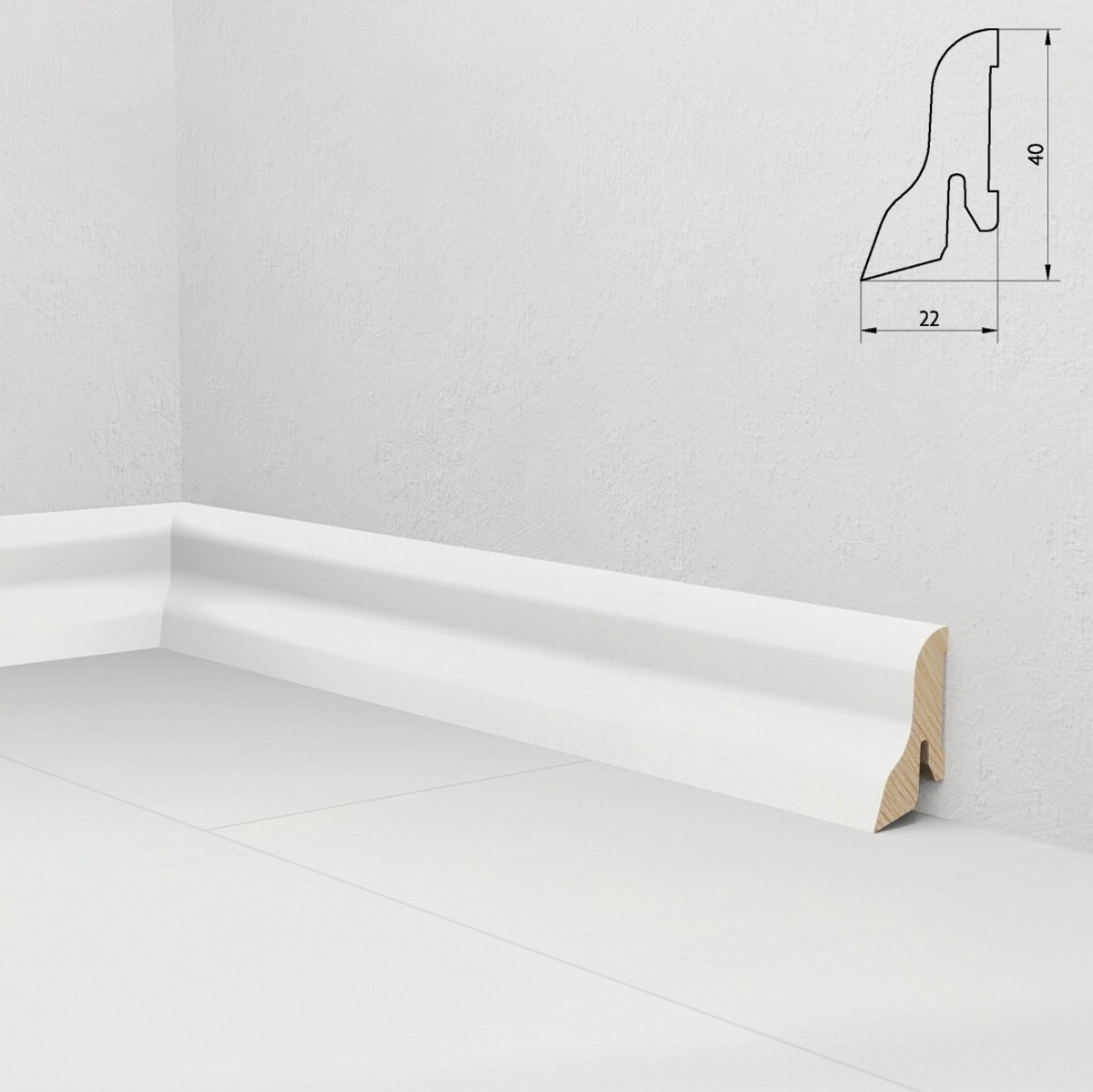 PRÓBKA 20 CM - Listwa przypodłogowa 40x22 mm - świerkowa Premium – biała, powłoka Polyblend, 4cm