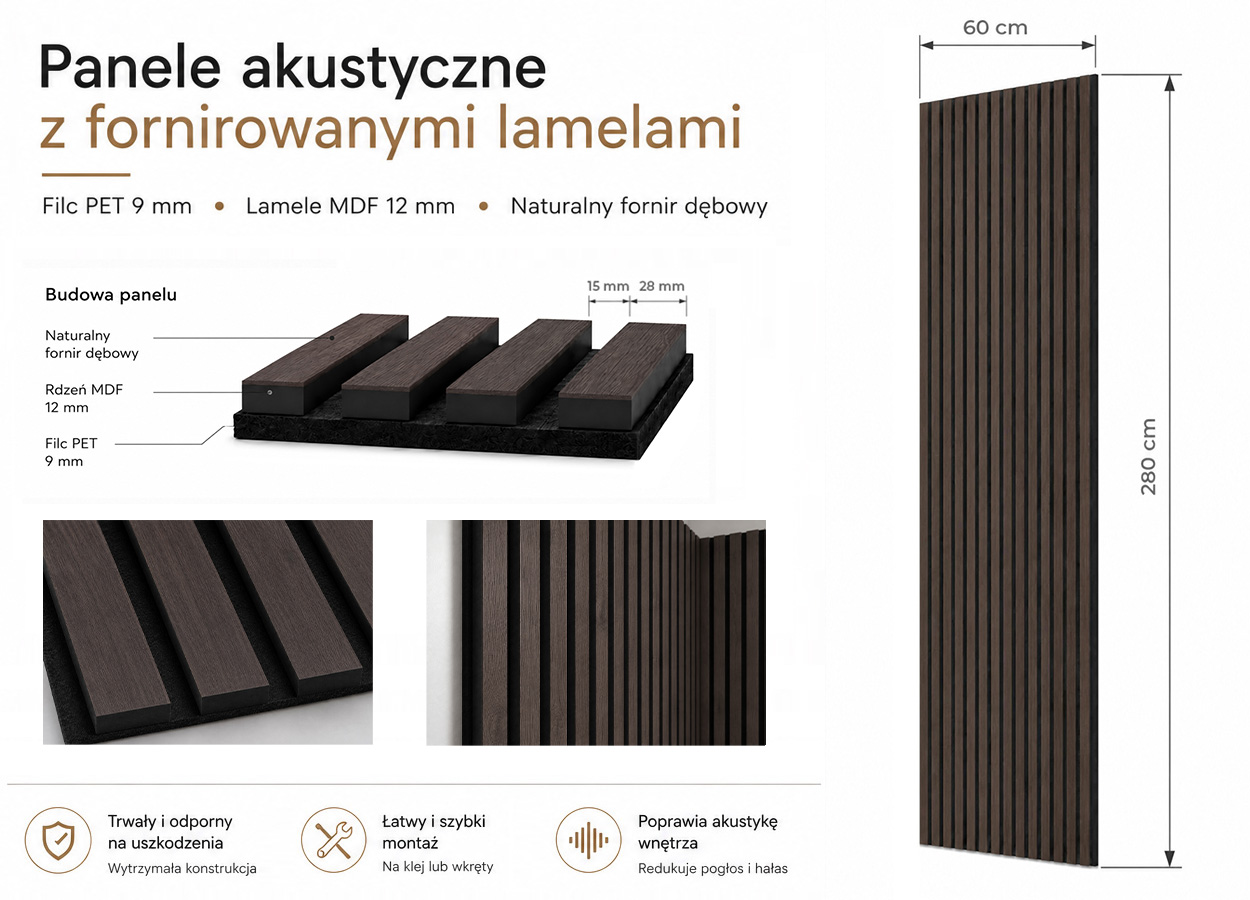 PRÓBKA Lamele Fornirowane na filcu akustycznym, Dąb Wędzony, wym. 20x30 cm