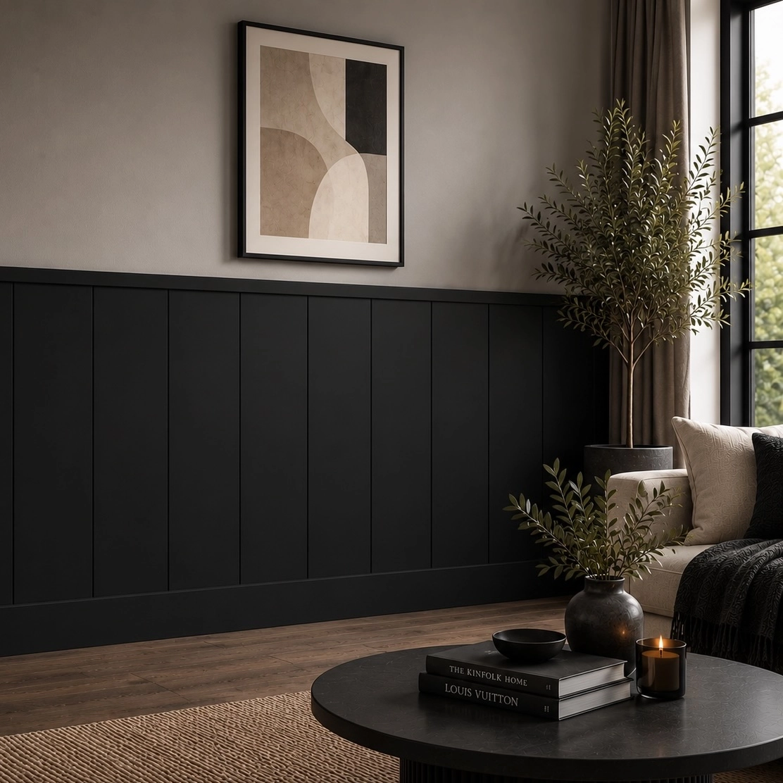Inspiracja aranżacyjna: boazeria LOFT czarna z MDF w eleganckim korytarzu.