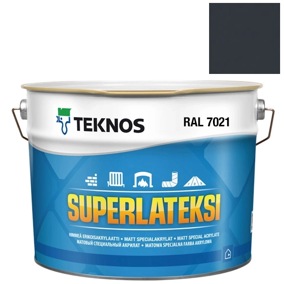 Farba Teknos Superlateksi RAL7021 – puszka matowej farby akrylowej czarnoszarej na białym tle.
