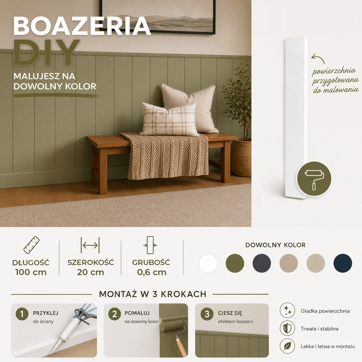 Listwa boazeryjna ELEGANT XL, boazeria ścienna MDF, do malowania