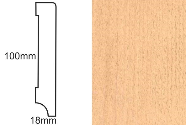 Listwa przypodłogowa CP100 R3 buk – profil techniczny z wymiarami 100x18mm i tekstura drewna bukowego.