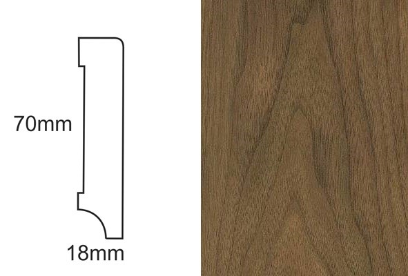 Listwa CP70 R3 orzech – profil techniczny z wymiarami 70mm i 18mm oraz zbliżenie na fornir orzechowy.