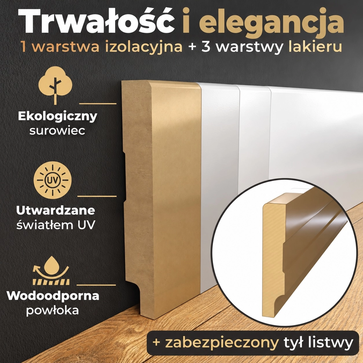 Listwa MDF TRIO 12cm – schemat warstw z ekologicznym surowcem, utwardzaniem UV i wodoodporną powłoką.