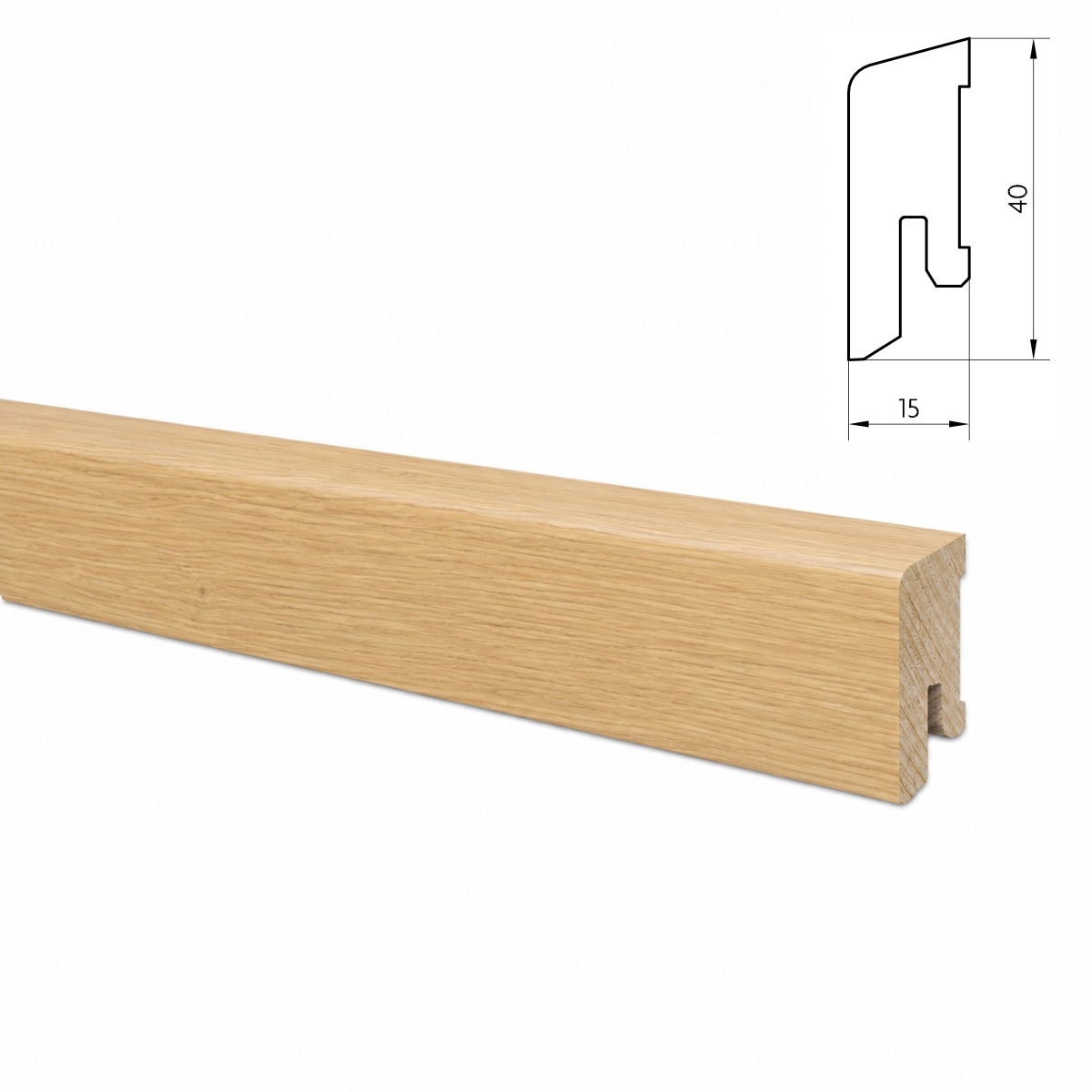 Próbka 20 cm - Listwa przypodłogowa drewniana 40x15 mm - dąb europejski lakierowany