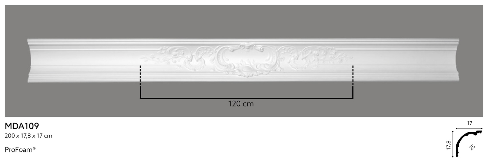 Listwa przysufitowa biała MDA109 wym. 200 x 17 x 17.8 cm, z ProFoam