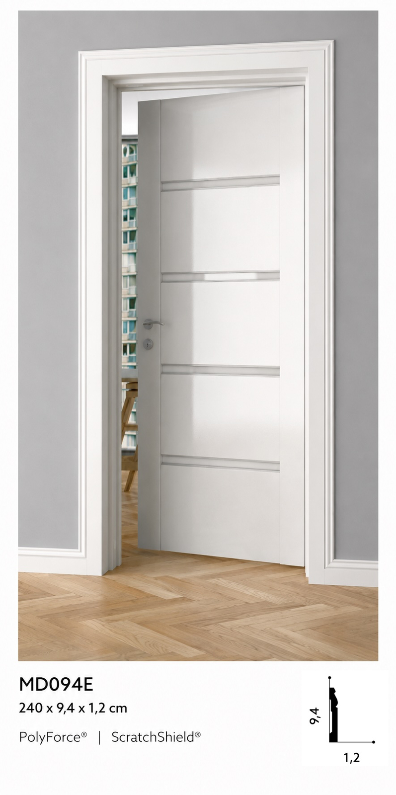 Obramowanie drzwi MD094E białe wym. 240 x 1.2 x 9.4 cm, z PolyForce