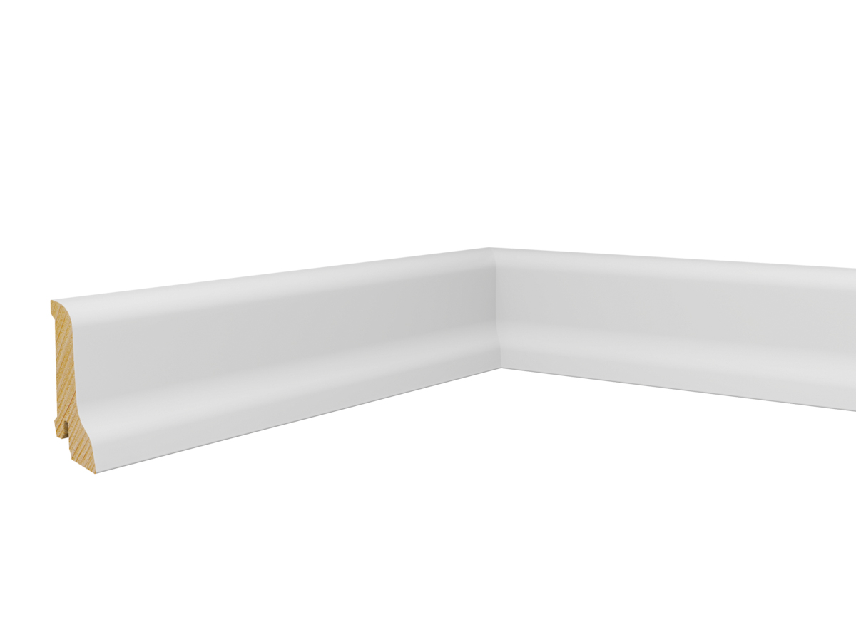 Drewniana listwa przypodłogowa świerkowa Premium biała, powłoka Polyblend, Pedross 6019 - 6cm