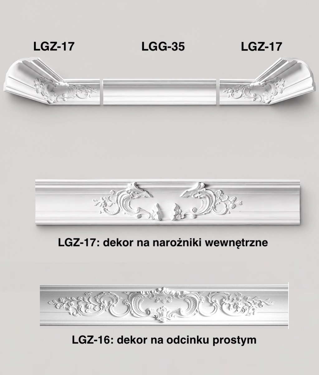 Listwa gzymsowa gładka Creativa LGG-35, wraz z narożnikiem dekoracyjnym LGZ-17 i dekorem LGZ-16