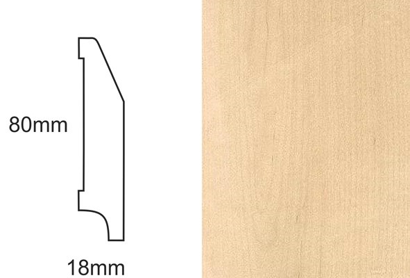 Listwa przypodłogowa CP80 RS klon – schemat profilu z wymiarami 80mm i 18mm oraz próbka fornirowanego drewna klonowego.