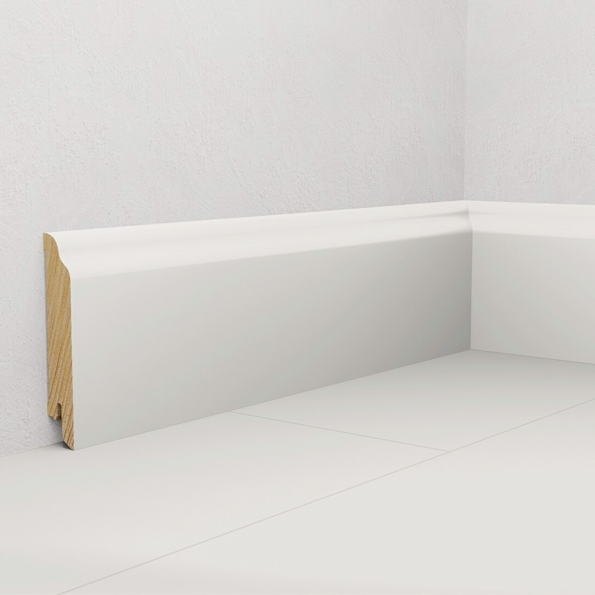 Drewniana listwa przypodłogowa świerkowa Premium – biała, powłoka Polyblend, 8 cm