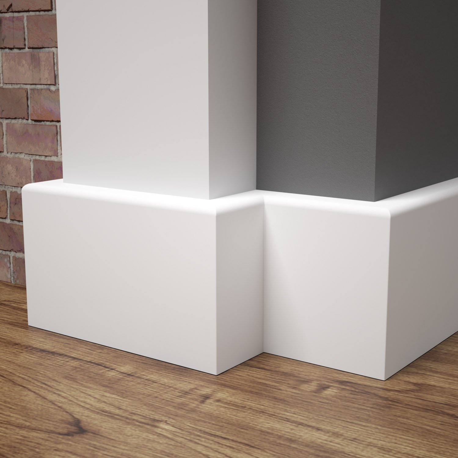 Nowoczesne wnętrze – biała listwa przypodłogowa MDF TRIO 8cm harmonijnie łączy drewnianą podłogę z różnymi ścianami.