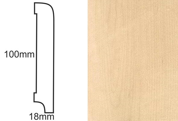 Listwa przypodłogowa CP100 R10 klon – profil techniczny 100x18mm i tekstura jasnego forniru klonowego.