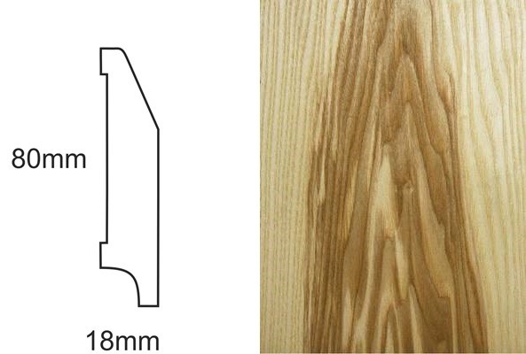 Profil techniczny listwy przypodłogowej CP80 RS jesion ciemny z wymiarami 80x18mm i zbliżeniem usłojenia drewna.