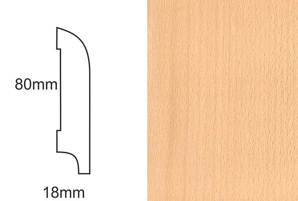 Listwa przypodłogowa CP80 R25 buk – profil techniczny z wymiarami 80x18mm i próbka forniru bukowego.